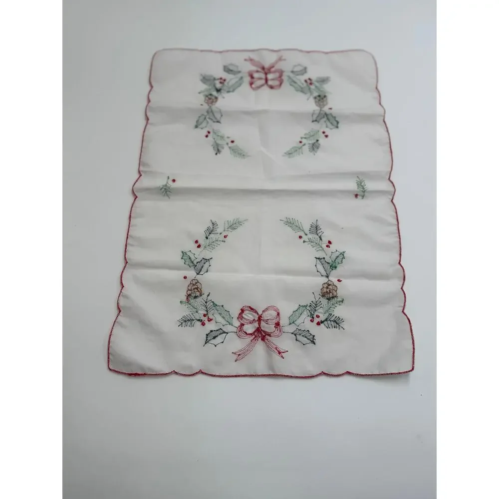 Vintage Hand Embroidered Christmas Dresser Scarves Wreath Holly Set of 2